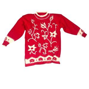 Vintage Dana Scott Red & White Floral Knit Sweater L 87% Acrylic 6% Wool